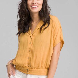 Prana Permilla Top Medium Golden Yellow Dolman Short Sleeve Button Front Modal